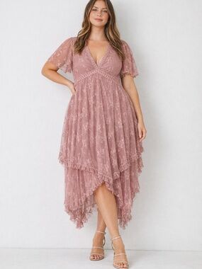 NWT Baevely Dusty Rose Lace Hi-Lo Midi Boho Romantic Flutter Sleeve Dress 1X